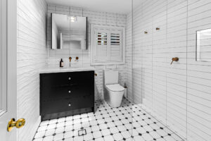 Modern bathroom renovation in Bardon Brisbane with black vanity, feature tiles, and walk-in shower.
